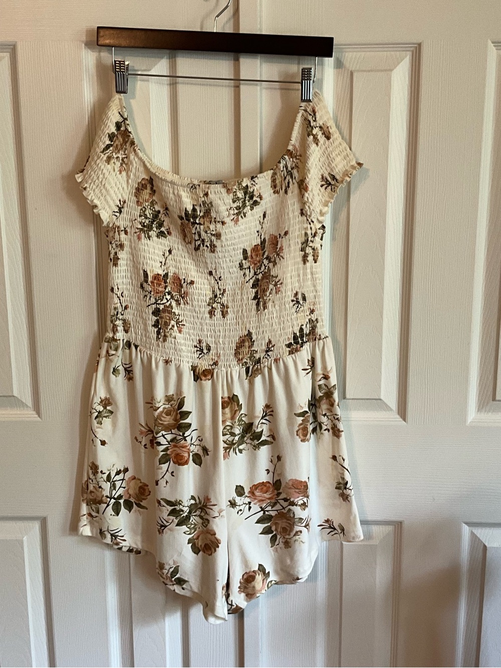 J for Justify Cream Floral Romper with Brown & Green Accent